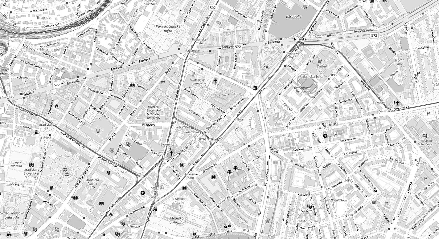 Mapa okolia Krížnej ulice v Bratislave, barbershop je označený v strede